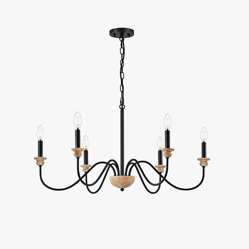 Vintage houten kroonluchter met 6 lampen