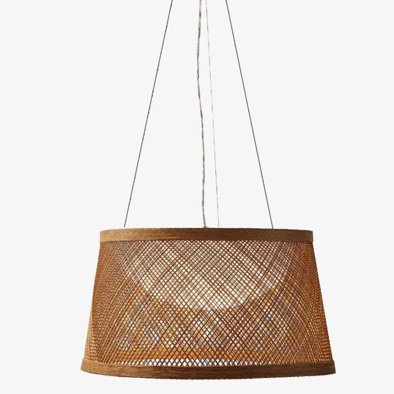 Houten LED-hanglamp met afgeronde Buri lampenkap