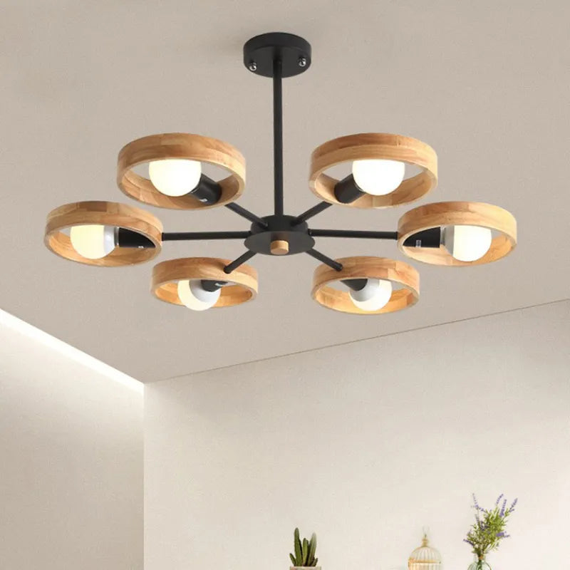Noordse houten kroonluchter voor woonkamer slaapkamer eetkamer decoratie ronde zwarte houten kap E27 hanglamp