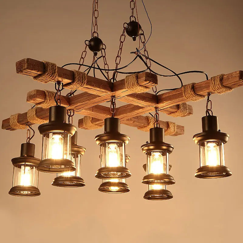 industriële retro lampenkroonluchter in hout en ijzer met 8 lampen