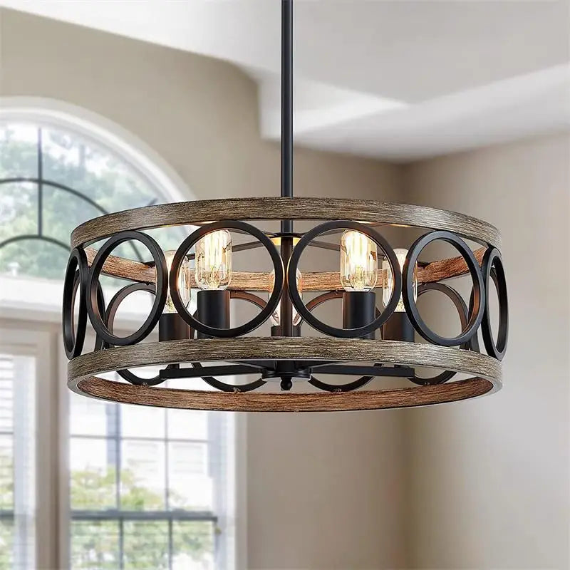 ronde industriële Amerikaanse vintage ijzeren kroonluchter met houtnerf, plafondlamp voor restaurant, huis, slaapkamer, huisdecoratie