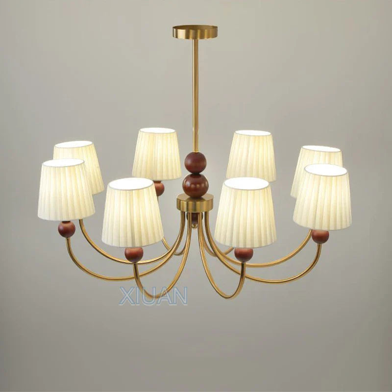vintage Amerikaanse led kroonluchter van geplooide stof en wabi-sabi hout