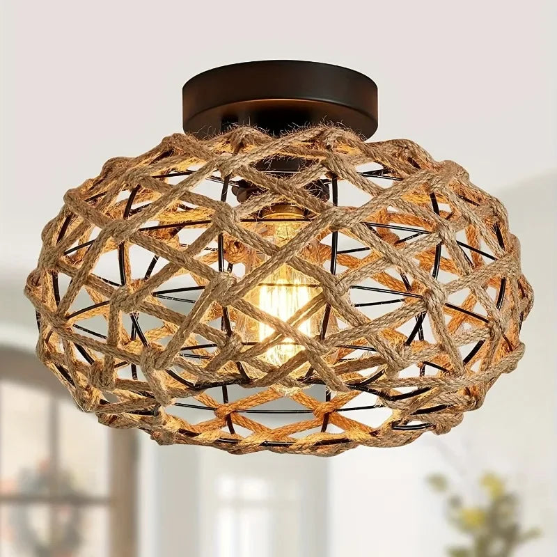 Half Ingebouwde Plafondlamp van Gevlochten Rotan - Metalen Mandweefsel Design voor Keuken, Woonkamer, Slaapkamer, Café, Bar, Boerderijdecoratie