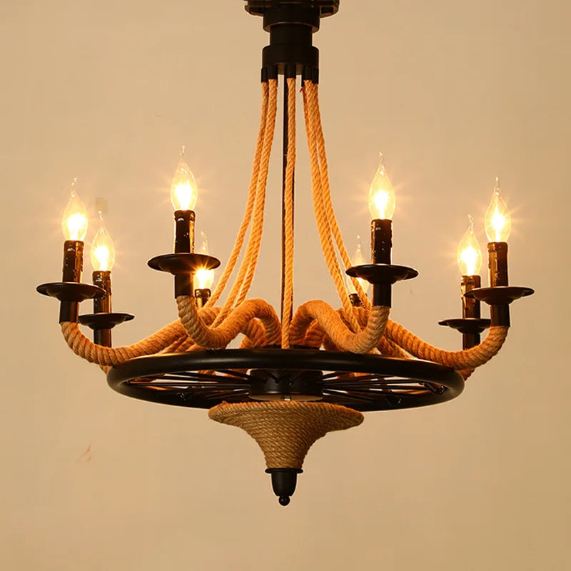 Amerikaanse loft houten kroonluchter nostalgisch restaurant woonkamer bar internetcafé licht industriële lamp henneptouw hanglamp