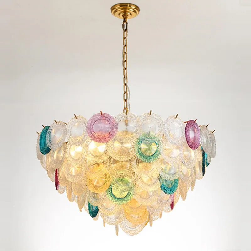 postmoderne kroonluchter van ijzer en gekleurd glas met led