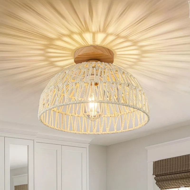Geweven rotan plafondlamp, bohemien stijl