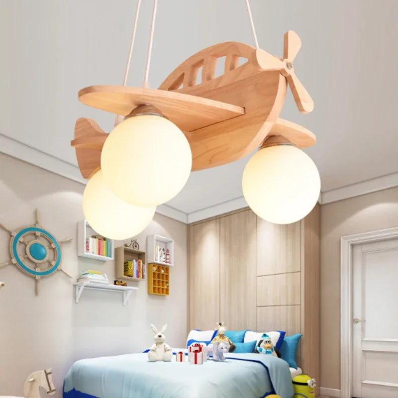 houten vliegtuig hanglamp voor kinderkamer met LED