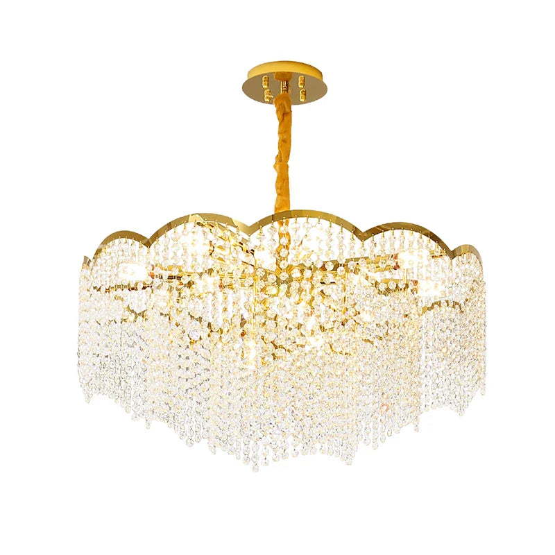moderne gouden kristallen kroonluchter met hoge ophanging voor elegant interieur