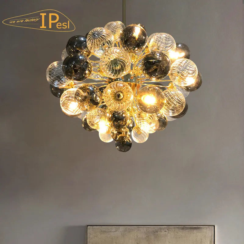 moderne lampenkroonluchter in bubbelglas zilverachtige gouden luxe hanglamp