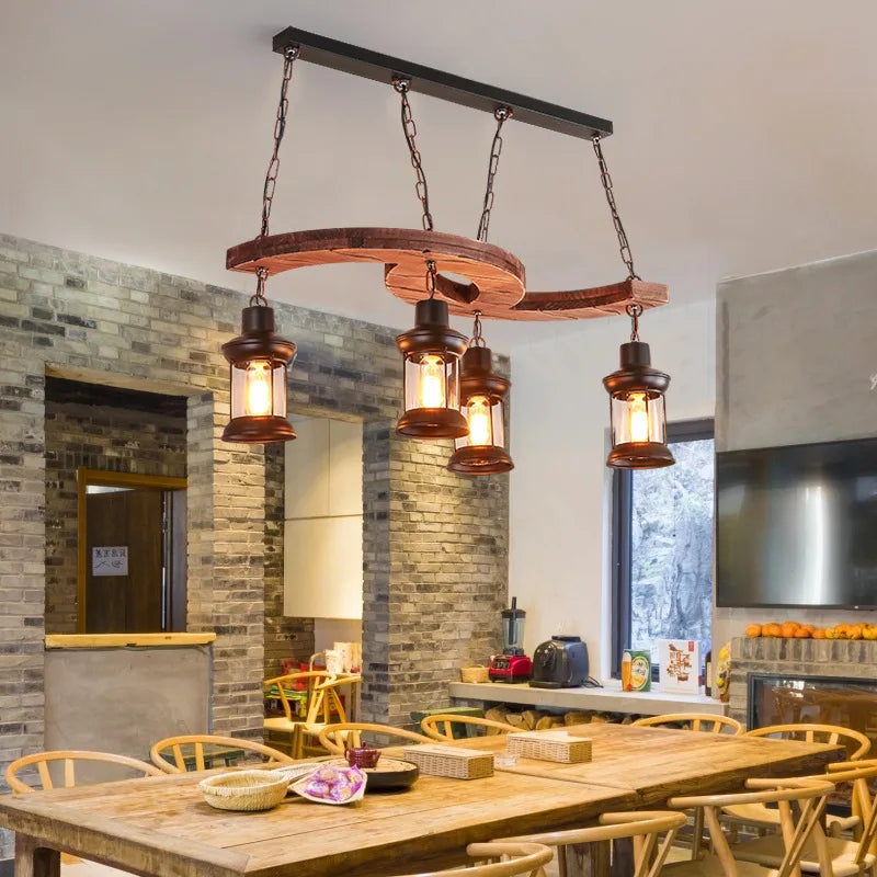 industriële retro lampenkroonluchter met 4 koppen in hout en ijzer voor café bar loft