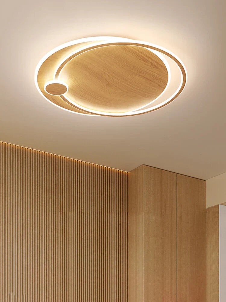 moderne houten hanglamp met slimme cirkelvormige verlichting