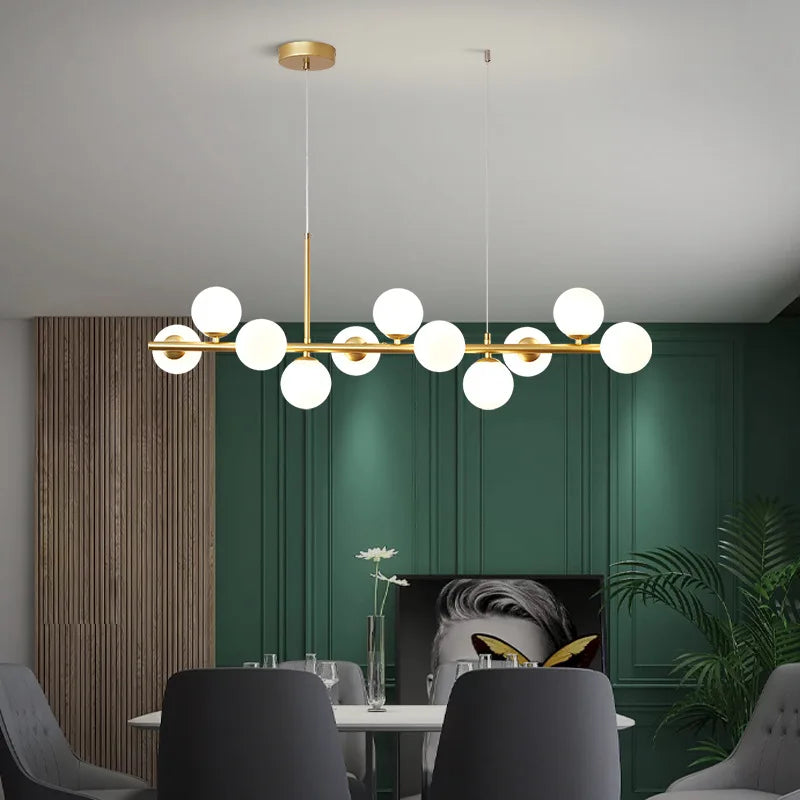 lange moderne kroonluchter met glazen bol kap hangend met led-verlichting
