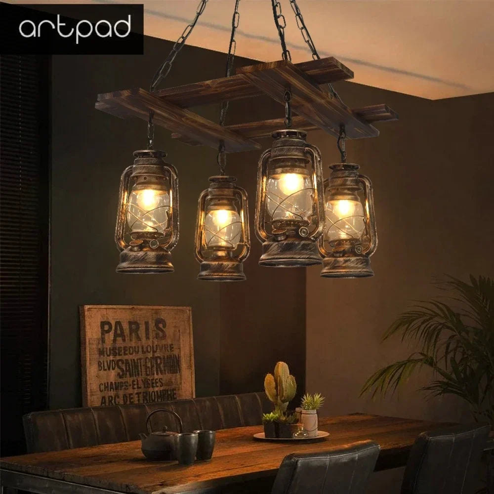Retro kroonluchter van hout en glas voor elegante decoratie
