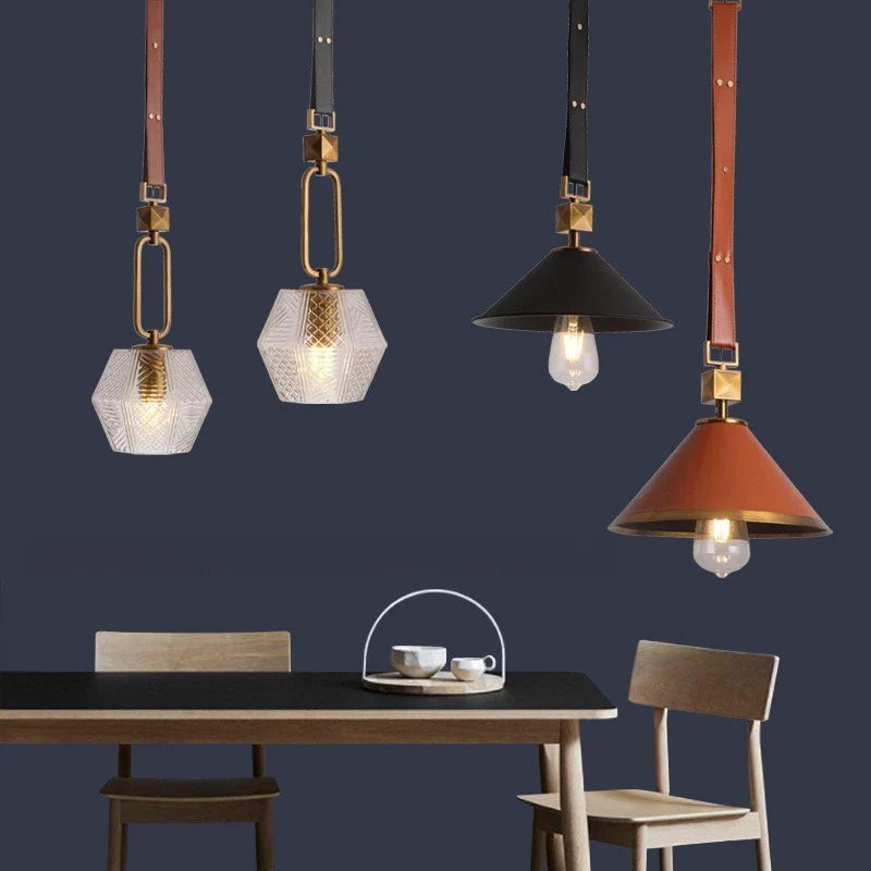 moderne leren kroonluchter met hanglamp en kristallen glas