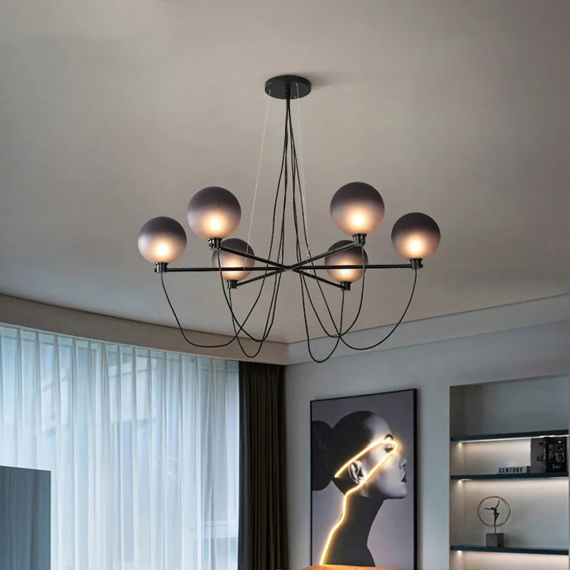 Scandinavische glazen bol kroonluchter in retro industriële stijl
