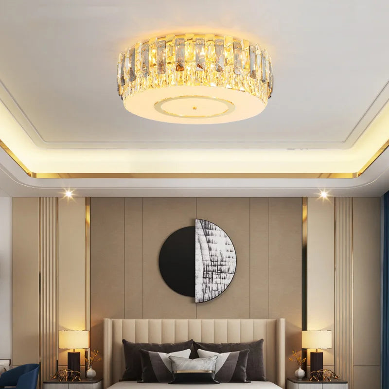 dimbare led-kroonluchter van rond kristalglas in zilver modern