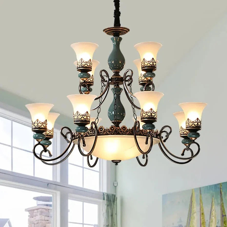 Retro Europese keramische hanglamp met glazen kap