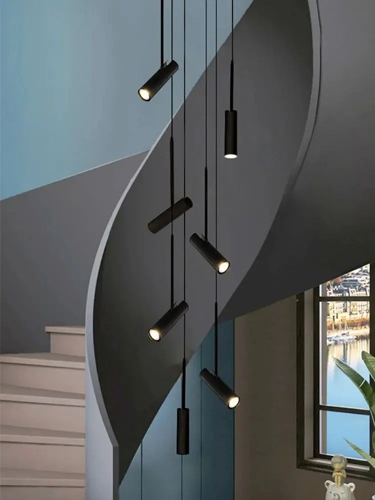 LED cilindrische spot hanglamp modern design restaurant verlichting zwart wit minimalistische trap lange kroonluchter