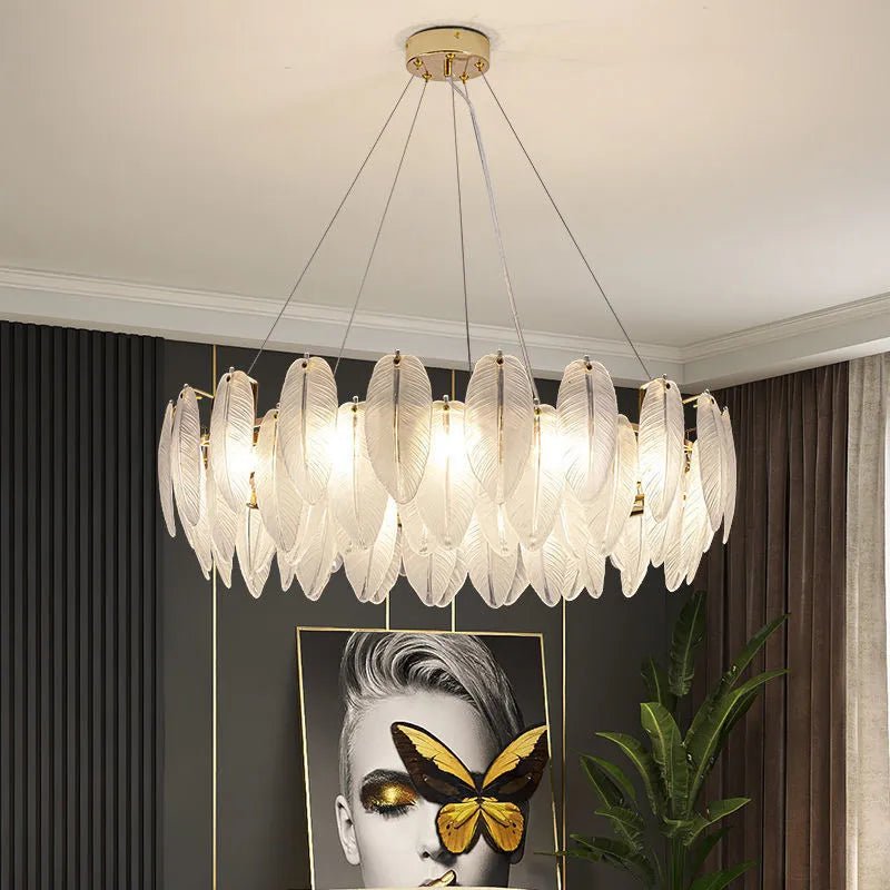 moderne luxe kroonluchter van veren en metalen glas