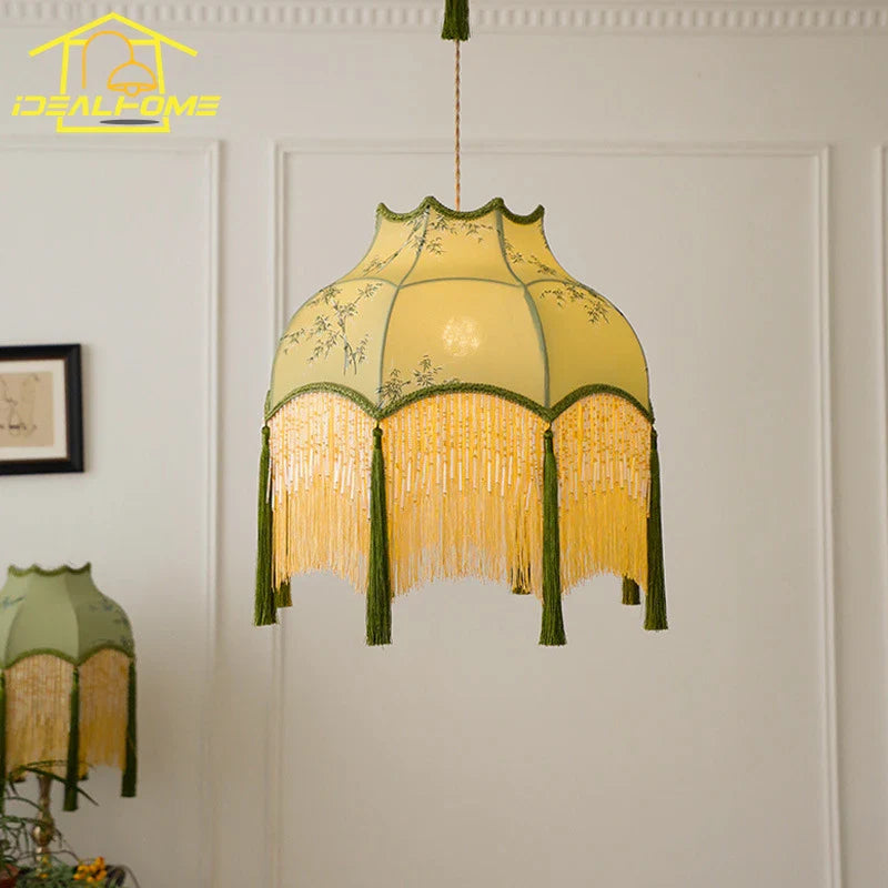 vintage kroonluchter van stof en koper in Chinese stijl voor binnenhuisdecoratie