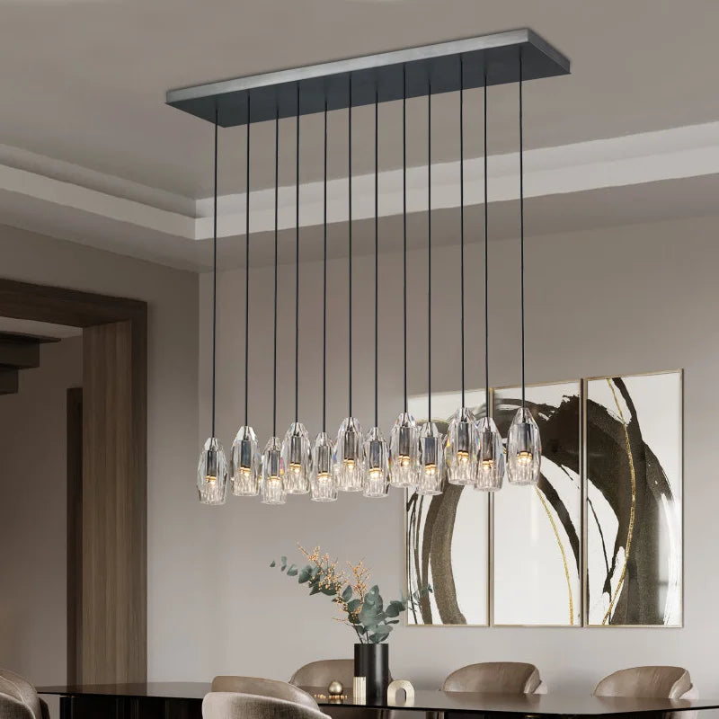 luxe postmoderne rechthoekige hanglamp van kristal en koper