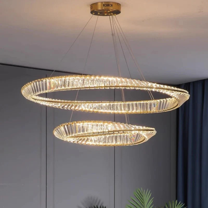 Moderne luxe LED K9 dimbare hanglamp voor woonkamer, gouden onregelmatige kristalring