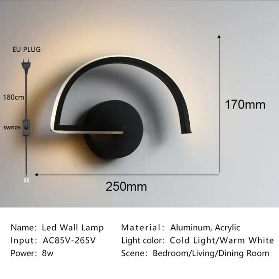 Lampe Led Élégante Design Minimaliste Scandinave 031 Noir / Blanc Chaud (2700-3500K) Applique