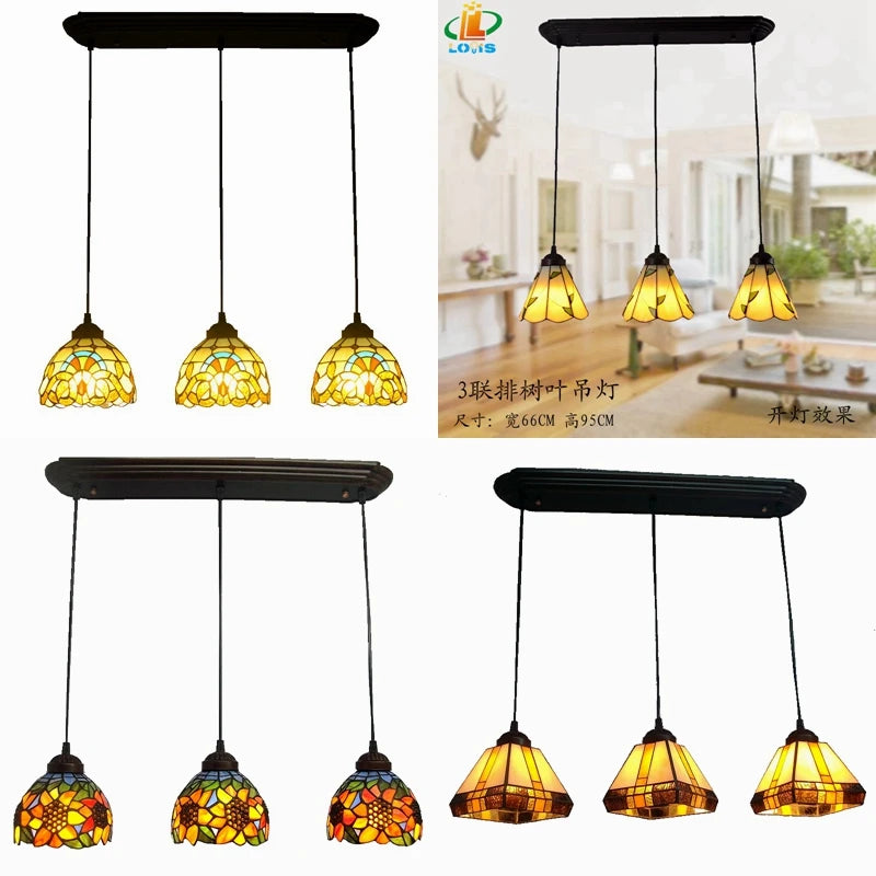 3-koppige Tiffany-stijl glazen kroonluchter voor antieke decoratie