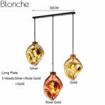 Suspension Led Verre Coloré Déformé Doré & Orange - 3 Lampes Base Longue Luminaire Doré